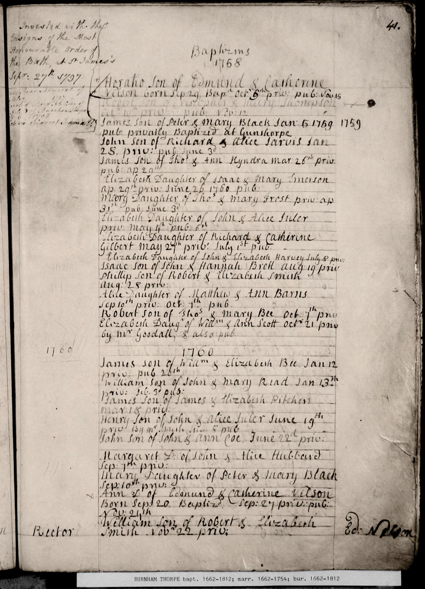 Parish Register showing Nelson's Baptism