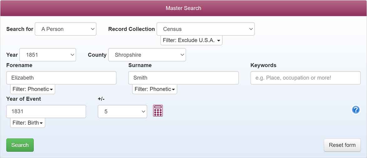 The Genealogist Census Search Example