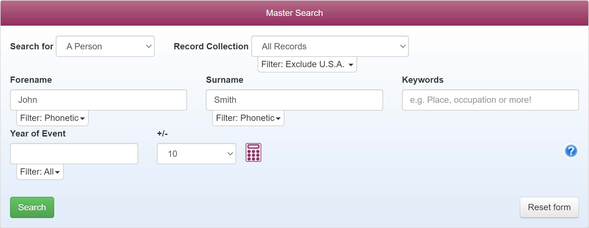 The Genealogist Master Searchbox
