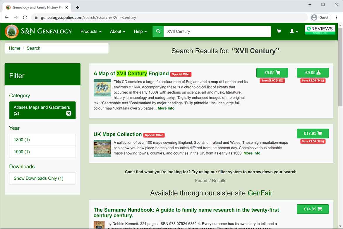 S&N Genealogy Supplies Search Results